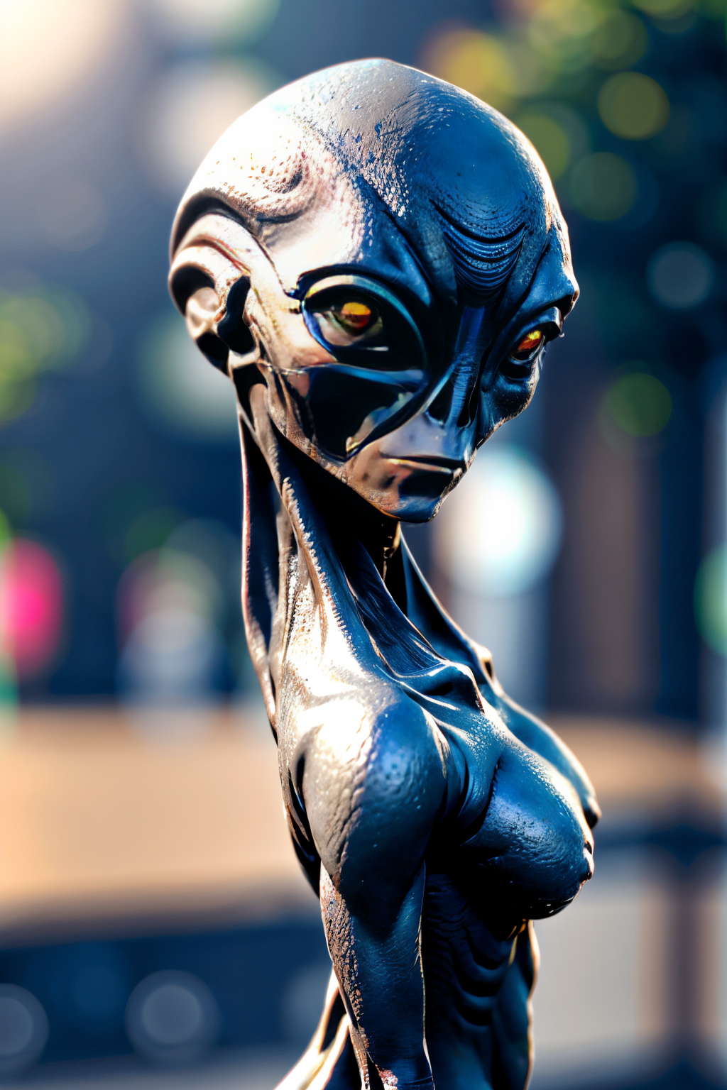 (Realistic:1.5) full body shot, blurry background solo from side alien glowing eye bald shiny 1girl eye focus  <lora:EdobAlienSpecies_v1.0:0.8>
