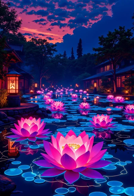 The Neon Lotus Sanctuary
A floating Zen garden, where massive glowing lotus flowers drift on a gravity-defying pond, their petals shifting between rose gold, violet, and electric blue. Ancient stone lanterns, etched with pixelated kanji, glow softly as cyber-koi fish made of light ripple through the air. The floor is a fusion of natural bamboo and glowing fiber-optic tiles, changing color with each step. The scent of warm cherry blossoms, sea breeze, and distant thunder fills the space as a lo-fi koto melody blends with ambient synth tones.