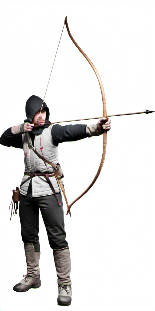 long bow, solo, short hair, simple background, black hair, long sleeves, 1boy, white background, holding, full body, weapon, male focus, shoes, pants, hood, holding weapon, hoodie, black pants, white footwear, sneakers, bow \(weapon\), arrow \(projectile\), holding bow \(weapon\), aiming, holding arrow, drawing bow in the style of <lora:bow01_xl:1>