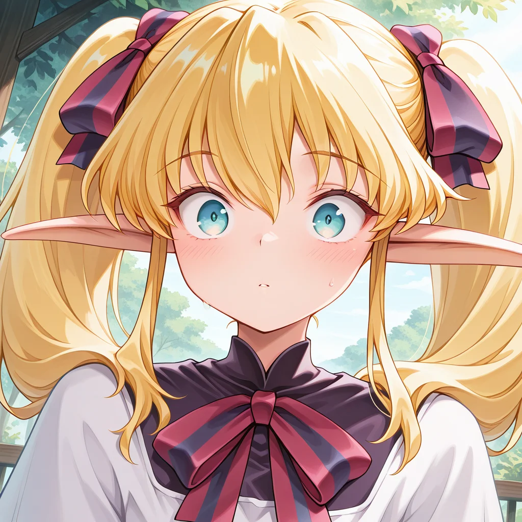 1girl,solo,<lora:IL_Collet_Brause_Pastel_Chime:1>,pc_cb,Collet Brause,elf,pointy ears,blonde hair,twintails,hair ribbon,sidelocks,
dutch angle,foreshortening,fantasy,looking at viewer,side glance,outdoors,
bowtie,school dress,
close-up of face,upper body,wide-eyed,blush lines,, masterpiece,best quality,amazing quality,very aesthetic,absurdres,