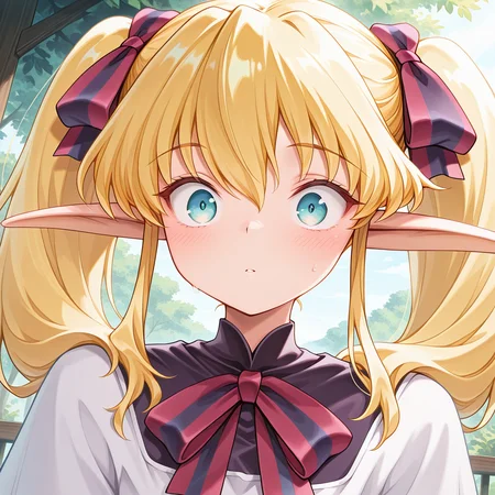 1girl,solo,<lora:IL_Collet_Brause_Pastel_Chime:1>,pc_cb,Collet Brause,elf,pointy ears,blonde hair,twintails,hair ribbon,sidelocks,
dutch angle,foreshortening,fantasy,looking at viewer,side glance,outdoors,
bowtie,school dress,
close-up of face,upper body,wide-eyed,blush lines,, masterpiece,best quality,amazing quality,very aesthetic,absurdres,