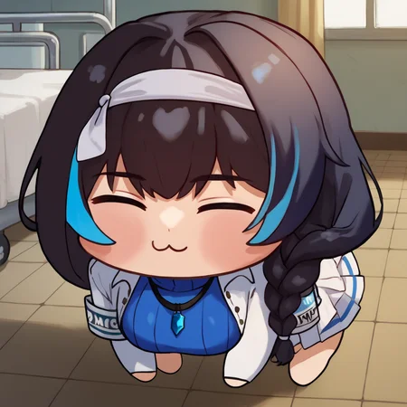 score_9, score_8_up, score_7_up BREAK source_anime, <lora:Doro_X_PDXL_V1:1> doro, creature, :3, chibi, no humans, white skin, four legs, <lora:mary-nikke-richy-v1_pdxl:0.8> marydef, closed eyes, black hair, long hair, bangs, hair over shoulder, braid, streaked hair, blue hair, white hairband, blue sweater, turtleneck sweater, ribbed sweater, sweater dress, white jacket, long sleeves, crop jacket, armband, necklace, hospital, solo