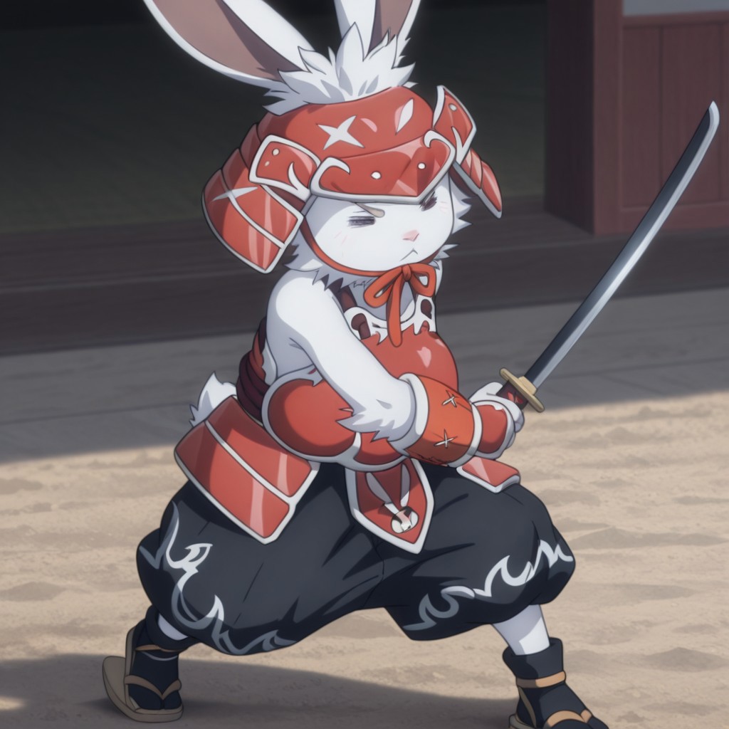 masterpiece, best quality, amazing quality, CeecrueslfIL, semi-anthro, male, rabbit, white fur, squinted eyes, red Samurai armor, red Samurai helmet, baggy black pants, white trim, black socks, tan sandals, outside, fighting stance, holding katana, solo