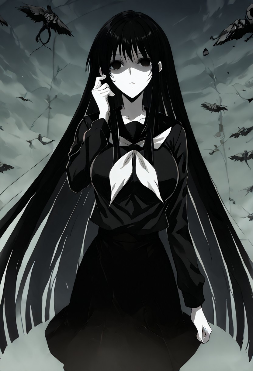 score_9, score_8_up, score_7_up, score_6_up, score_5_up, score_4_up, source_anime, 1girl, 1others, solo, 
hagoromogitsune,monochrome girl,shaded face,empty eyes,black hair,pale skin,white skin,large breasts,very long hair,
school uniform,black serafuku,serafuku,black shirt,black skirt,
masterpiece, best quality, very aesthetic, absurdres,