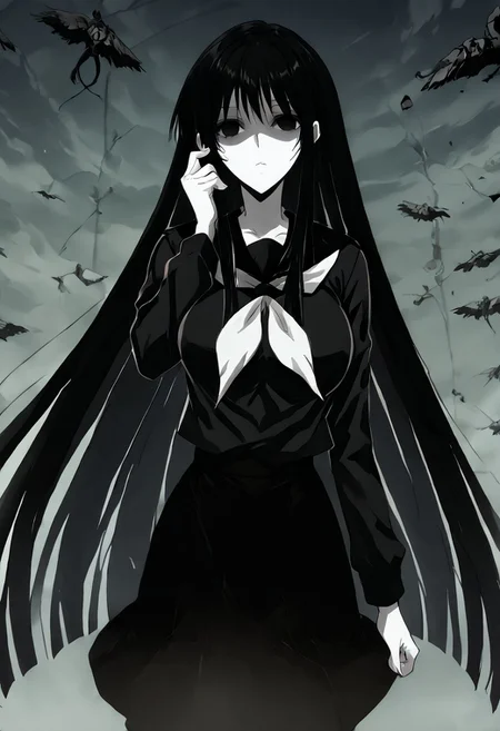 score_9, score_8_up, score_7_up, score_6_up, score_5_up, score_4_up, source_anime, 1girl, 1others, solo,
hagoromogitsune,monochrome girl,shaded face,empty eyes,black hair,pale skin,white skin,large breasts,very long hair,
school uniform,black serafuku,serafuku,black shirt,black skirt,
masterpiece, best quality, very aesthetic, absurdres,