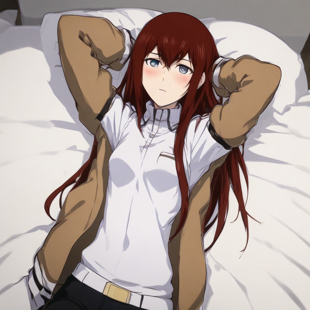 a hot and sexy image of makise kurisu lying on the bed with her jacket removed, armpits, lying on back, looking at viewer, arm up, blush, white inners, red hair, anime style, medium boobs