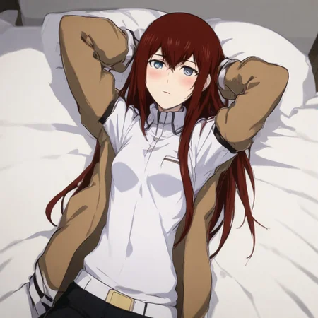 a hot and sexy image of makise kurisu lying on the bed with her jacket removed, armpits, lying on back, looking at viewer, arm up, blush, white inners, red hair, anime style, medium boobs