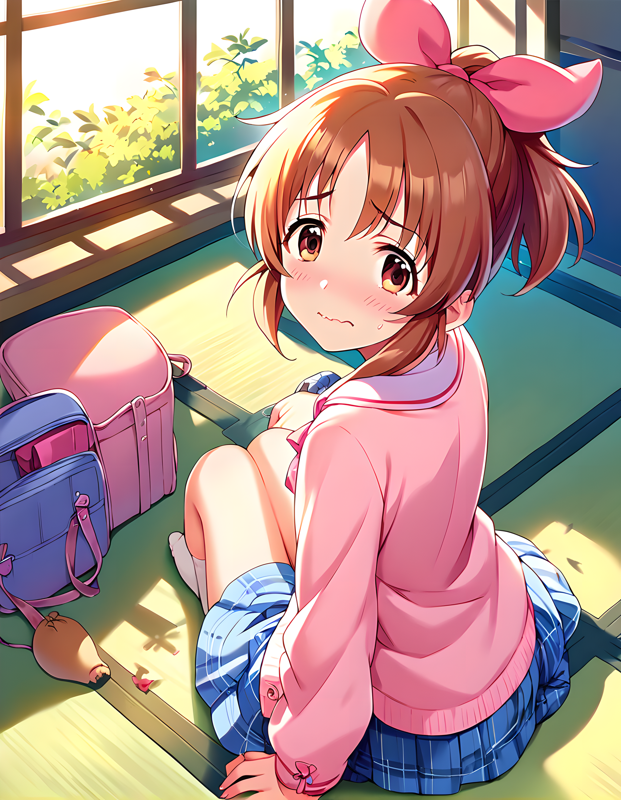 <lora:pony_xl_abe nana:0.8>,abe nana,score_9,score_8_up,score_7_up,source_anime,1girl,adorable_girl,looking at viewer,indoor,ownroom,tatami,school_uniform,wariza,knees_together_feet_apart,looking_back,embarrass,wavy mouth,é©ã,