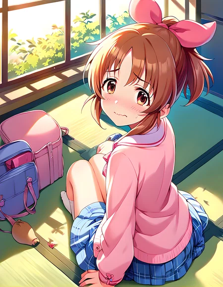 <lora:pony_xl_abe nana:0.8>,abe nana,score_9,score_8_up,score_7_up,source_anime,1girl,adorable_girl,looking at viewer,indoor,ownroom,tatami,school_uniform,wariza,knees_together_feet_apart,looking_back,embarrass,wavy mouth,é©ã,