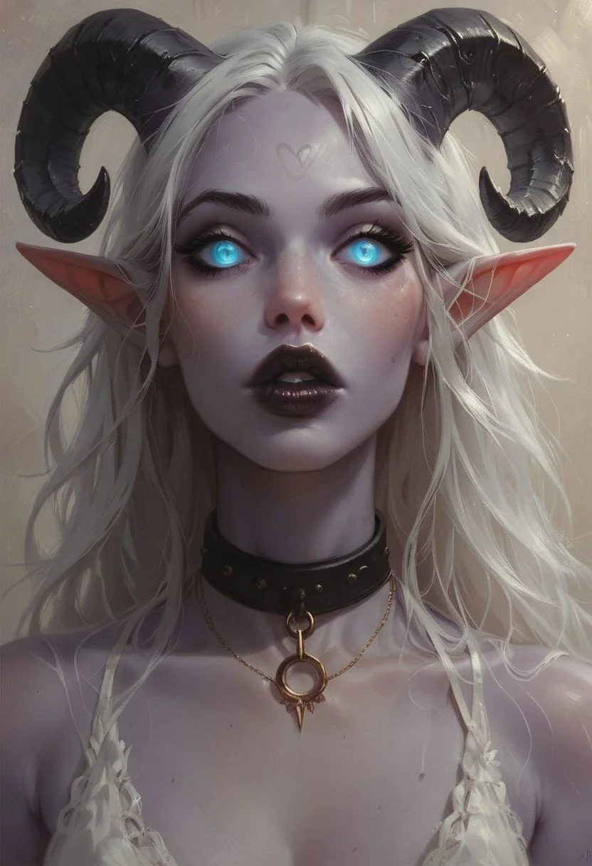 score_9, score_8_up, score_7_up, score_6_up, score_5_up, score_4_up, cute, sexy, 1girl, solo, elf savage, slave, (portrait:1.5), pointy ears, big lips, black lipstick, (purple skin:1.5), ram horns, (far-set eyes:1.5), blue eyes, long white hair, pixie hair