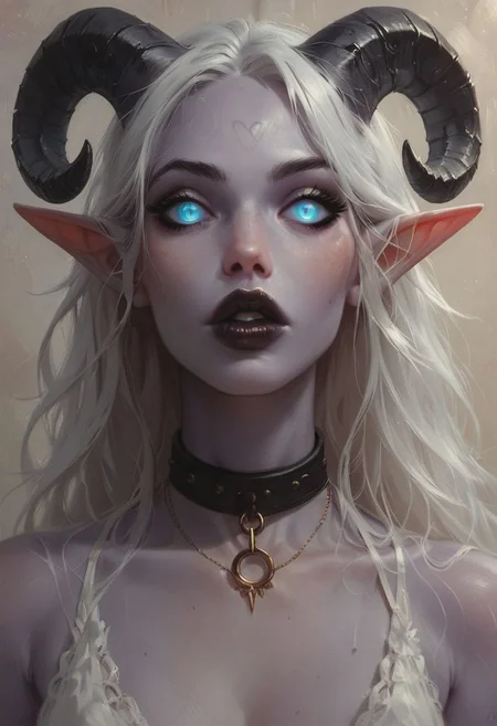 score_9, score_8_up, score_7_up, score_6_up, score_5_up, score_4_up, cute, sexy, 1girl, solo, elf savage, slave, (portrait:1.5), pointy ears, big lips, black lipstick, (purple skin:1.5), ram horns, (far-set eyes:1.5), blue eyes, long white hair, pixie hair
