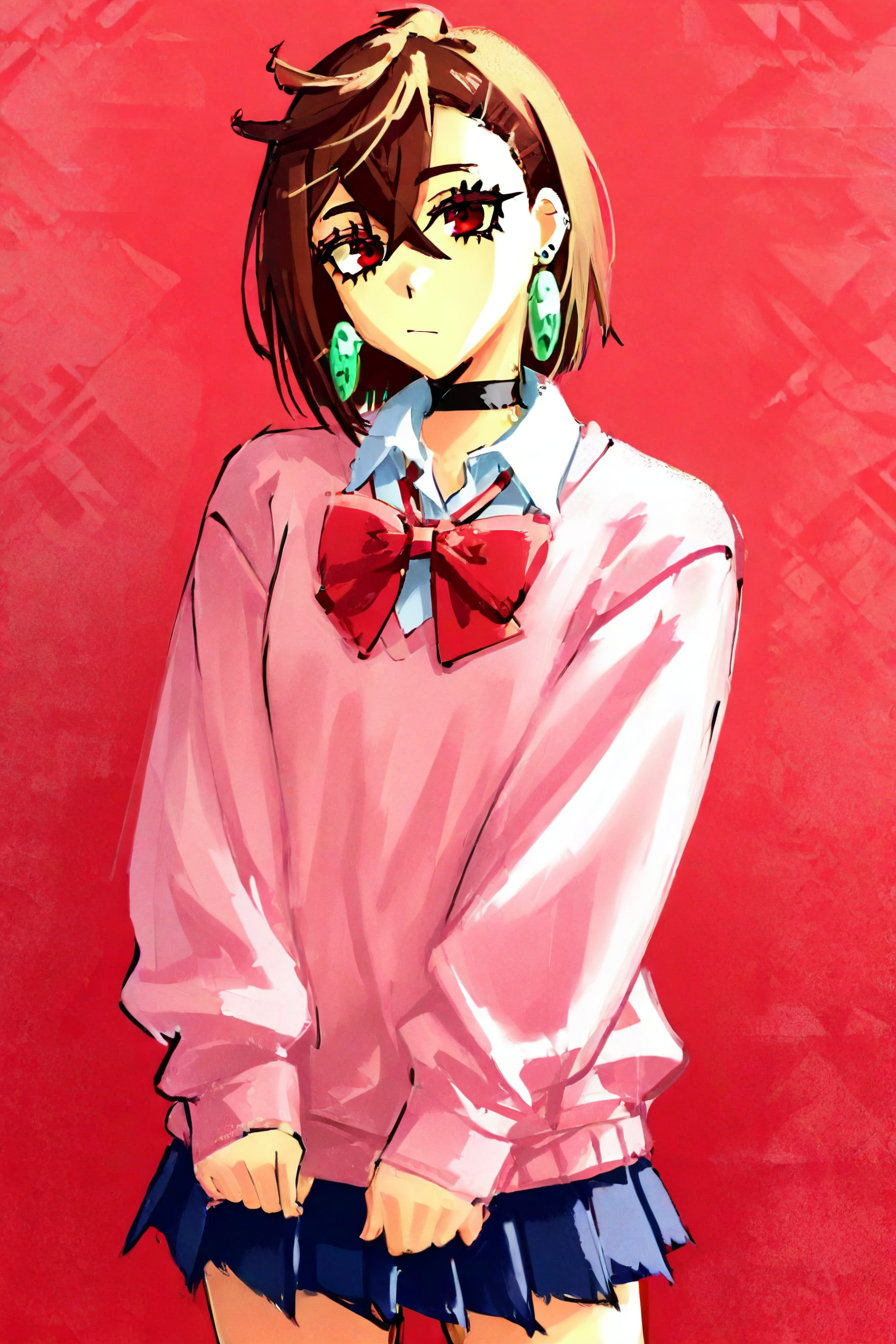 score_9, score_8_up, score_7_up, score_6_up, score_5_up, score_4_up,<lora:ayase_momo-koto-Illustrious v01:0.8> ayasemomo, hair between eyes, crossed bangs, green earrings,  brown hair, red eyes, black choker, short hair, white shirt, red bowtie,pleated skirt,school uniform, pink cardigan, long sleeves, 1girl, solo, alone, <lora:anime_glitch_art:1>, anime_glitch_style, masterpiece, highres