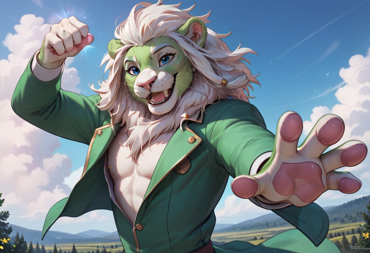 score_9, score_8_up, score_7_up, score_6_up, score_5_up, score_4_up,  highres, detailed face, best quality, 4k, male, green lion, green lion face,  (flue green fur:1), (white mane:1), big mane, white chest, white soles,  pink pads, feet focus, (clothes:1.5), open jacket, (falling from the sky:1), clouds, , smiling, dynamic pose, (detailed blue eyes:1), outside, masculine, (smiling:1), (solo), sportive figure, nice body, light effects, (disney art style:1),  (muscular:1.5), cool looking, (5 fingers:1.4), magic effect on fingers