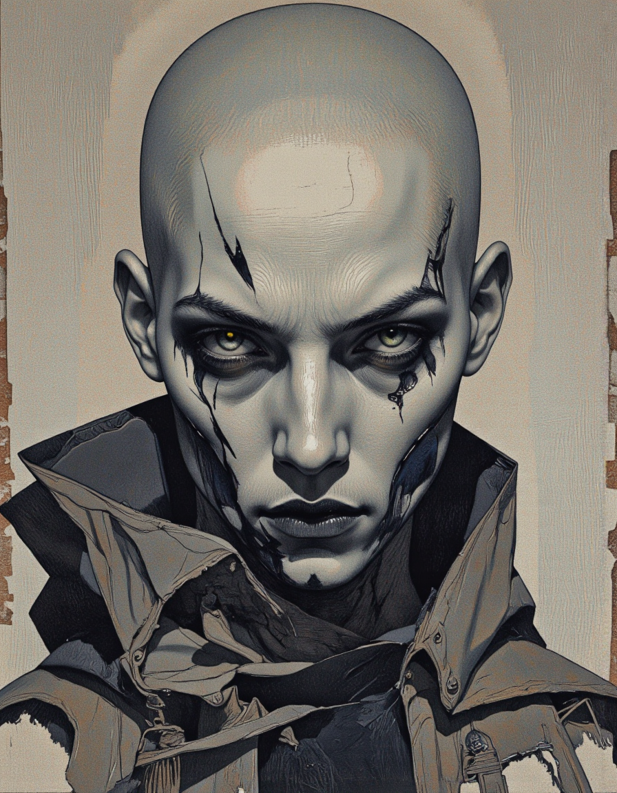 A digital drawing in a dark, gritty style, depicting a haunting, androgynous figure with an unsettling, otherworldly appearance. The subject has a pale, almost translucent complexion, with a shaved head and a pronounced, angular jawline. Their eyes are an eerie, glowing white, devoid of pupils, giving them a menacing, almost supernatural look. The face is marked with subtle, jagged, dark lines, enhancing the edgy, intense expression.