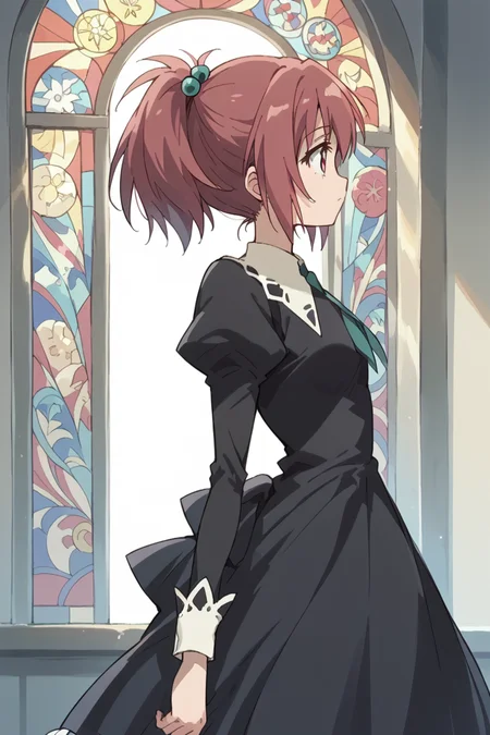 score_9, score_8_up, score_7_up, score_6_up,
<lora:Nagisa_Aoi:1> nagisa, miator, 1girl, solo, stained glass, dress, ponytail, black dress, hair ornament, long sleeves, hair bobbles, profile, short hair, school uniform, puffy sleeves, red hair, window