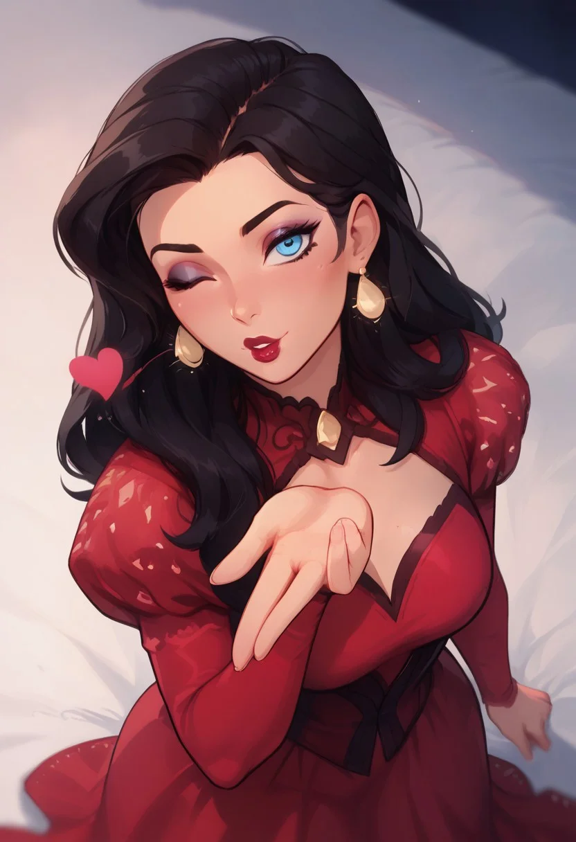 score_9, score_8_up, score_8, 1girl, solo, score_7_up, 20 years old girl, hot, black hair, long hair, blue eyes, pale skin, eyeliner, makeup, (flirty expression:1.2), depth of field, red
tight dress, night valentines setting, from above, sfw, safe for work, blowing kiss, heart, looking at viewer, sexy wink, 5 fingers hand, nightime,
