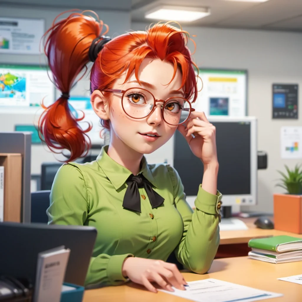anime artwork 1girl, solo, round glasses, freckles, redhead, ponytail, in an office <lora:MlleJeanne1024-step00000800:0.8> . anime style, key visual, vibrant, studio anime, highly detailed