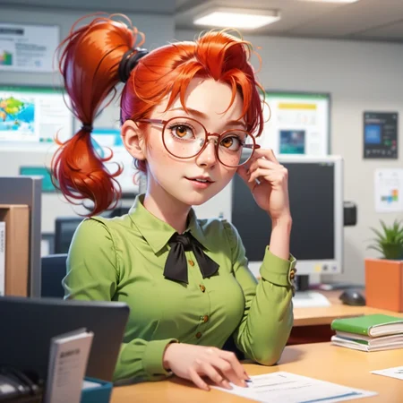 anime artwork 1girl, solo, round glasses, freckles, redhead, ponytail, in an office <lora:MlleJeanne1024-step00000800:0.8> . anime style, key visual, vibrant, studio anime, highly detailed