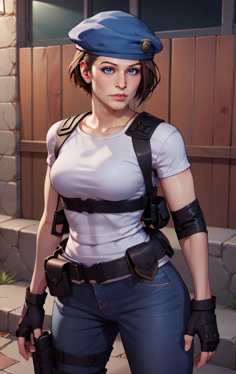score_9, score_8_up, score_7_up, BREAK <lora:jillSDXL:1> jillvalentineSDXL, 1girl, solo, looking at viewer, short hair, blue eyes, chestnut hair, shirt, gloves, hat, standing, white shirt,short sleeves, black gloves, belt, pants, realistic, fingerless gloves, lips, beret, denim, white t-shirt, ,blue headwear, pouch, jeans, nose, blue pants, holster, harness, walkie-talkie, jill valentine, v