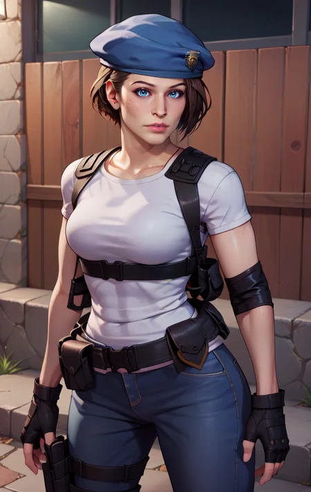 score_9, score_8_up, score_7_up, BREAK <lora:jillSDXL:1> jillvalentineSDXL, 1girl, solo, looking at viewer, short hair, blue eyes, chestnut hair, shirt, gloves, hat, standing, white shirt,short sleeves, black gloves, belt, pants, realistic, fingerless gloves, lips, beret, denim, white t-shirt, ,blue headwear, pouch, jeans, nose, blue pants, holster, harness, walkie-talkie, jill valentine, v