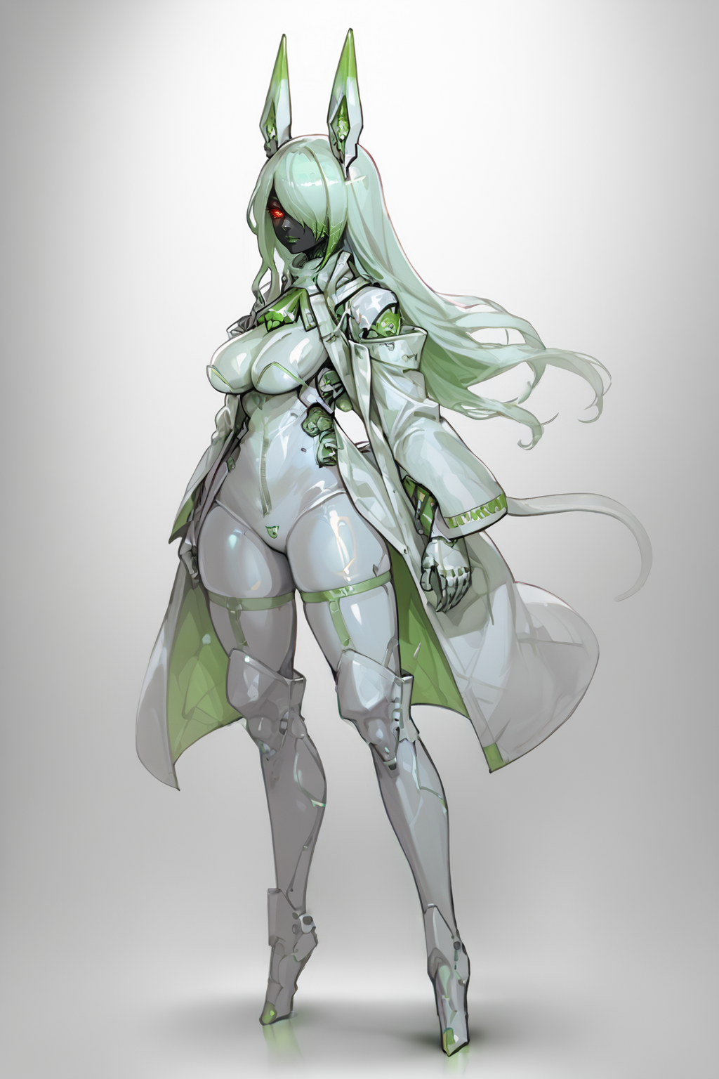 score_9, score_8_up, score_7_up, score_6_up, score_5_up, score_4_up, BREAK, source_anime, solo, 1girl, rating_safe, ((mature female)), ((long green flowing hair)), mechanical parts, (big backwards folded mechanical rabbit ears), mature female, (bunny ears), (animal ears), subdermal port, ((milf, mature female, big breasts)), hexagon lines in skin, naval uniform overcoat, naval uniform, white military uniform, dress_uniform, ribbons, ((red eyes)), bunny tail, rabbit tail, aiguillette, ((green hair)), ascot, ((Ground level (from the side) view medium Close shot (focus on knees))), latex pilot suit, shoulder cutout, bunny rabbit Tail, ((hair over one eye, )), digitigrade, clawed feet, minimal clothes, ((metal skin, shiny skin, vampire aesthetic, digital eyes, filled eyes, monochromatic eyes, glowing eyes, colored sclera, red sclera, mechanical eyes, partially shaded face, )), <lora:ECHANIS:1>,  <lora:Pochincoff_Style_Lora:0.8> pochincoff, robot girl, visor, big eyes, 4 eyes, <lora:chokerV2:1> alien parasite ckr sucked on neck, ckr