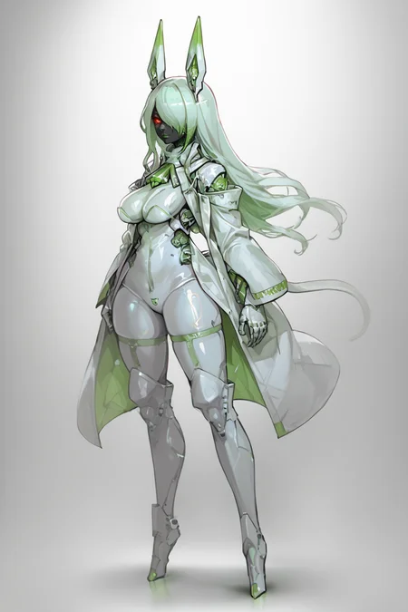 score_9, score_8_up, score_7_up, score_6_up, score_5_up, score_4_up, BREAK, source_anime, solo, 1girl, rating_safe, ((mature female)), ((long green flowing hair)), mechanical parts, (big backwards folded mechanical rabbit ears), mature female, (bunny ears), (animal ears), subdermal port, ((milf, mature female, big breasts)), hexagon lines in skin, naval uniform overcoat, naval uniform, white military uniform, dress_uniform, ribbons, ((red eyes)), bunny tail, rabbit tail, aiguillette, ((green hair)), ascot, ((Ground level (from the side) view medium Close shot (focus on knees))), latex pilot suit, shoulder cutout, bunny rabbit Tail, ((hair over one eye, )), digitigrade, clawed feet, minimal clothes, ((metal skin, shiny skin, vampire aesthetic, digital eyes, filled eyes, monochromatic eyes, glowing eyes, colored sclera, red sclera, mechanical eyes, partially shaded face, )), <lora:ECHANIS:1>, <lora:Pochincoff_Style_Lora:0.8> pochincoff, robot girl, visor, big eyes, 4 eyes, <lora:chokerV2:1> alien parasite ckr sucked on neck, ckr