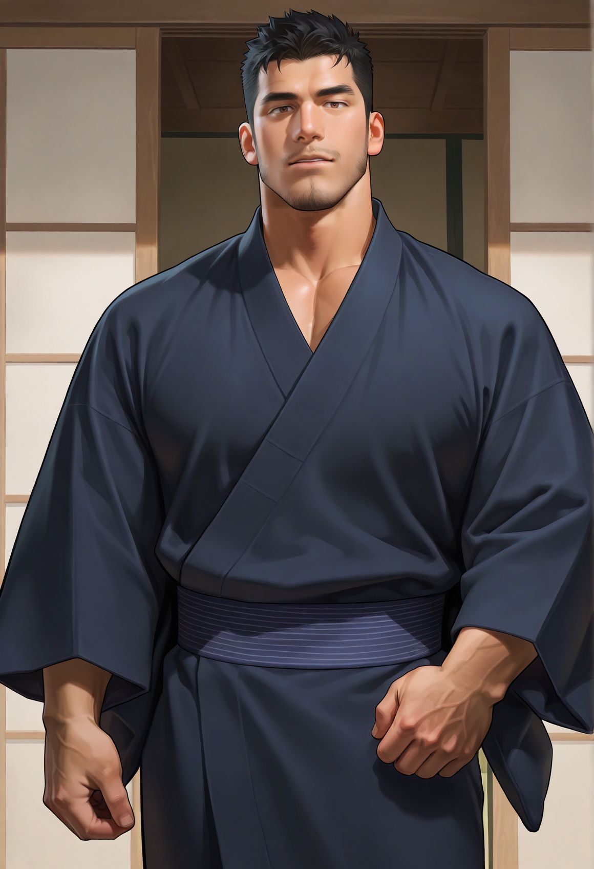 asian,1boy,bara,mature male,brown eyes,black hair,long sideburns,
cowboy shot,kimono,looking at viewer,parted lips,
very awa,masterpiece,best quality,absurdres,newest,perfect quality,detailed background,intricate details,
<lora:wwh-vc:0.6>,goatee,stubble,mustache,