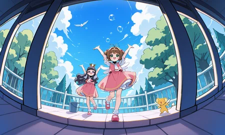 kinomoto sakura, kero, daidouji tomoyo, long hair, blush, smile, open mouth, short hair, skirt, multiple girls, brown hair, black hair, hair ornament, dress, bow, ribbon, 2girls, twintails, standing, green eyes, short sleeves, :d, hair bow, outdoors, hairband, wings, sky, shoes, socks, day, puffy sleeves, cloud, blunt bangs, arms up, puffy short sleeves, two side up, tree, blue dress, bird, standing on one leg, antenna hair, crown, hair bobbles, short twintails, pink dress, mary janes, blue footwear, bubble, pink footwear, fence, bucket, bobby socks, character print, tomoeda elementary school uniform, wind,
abstract background, fisheye, close-up,
rating safe, akita,
masterpiece, best quality, amazing quality, highres, newest,  <lora:[illustrious]_akita_v1_(MikuMasteRace):1.0>