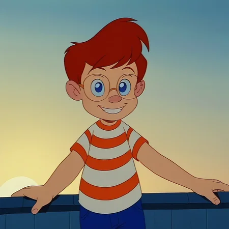 score_9_up, score_8_up, BREAK, solo, male child, youngrob, 1boy, red hair, blue eyes, upper body, blue pants, (front view), glasses, male focus, striped shirt, retro, standing, accurate, smile, (sky),  <lora:Young_Rob_McGroarty_Brave_Little_Toaster:1>