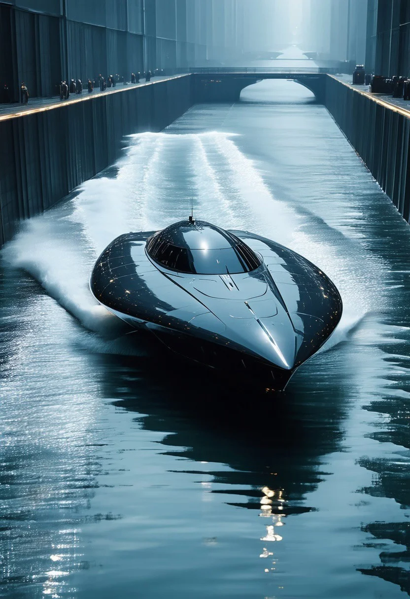a futuristic, highly advanced speedboat moving rapidly on a cyberpunk canal. The hull is made of a dark gunmetal alloy
