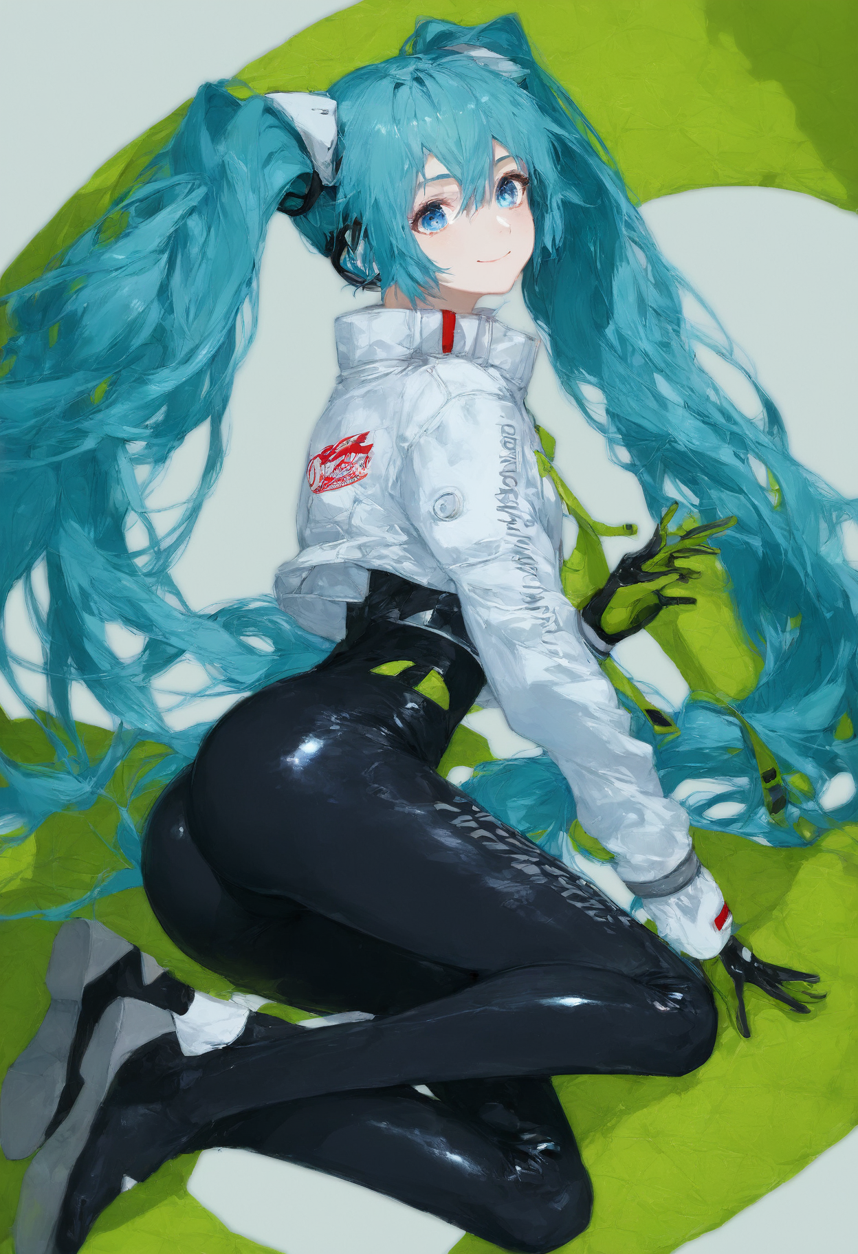 score_9,score_8_up,score_7_up,,source_anime BREAK ,     full body, ,RHM22, hatsune miku, 1girl, racing miku, solo, green gloves, twintails, long hair, bodysuit, smile, looking at viewer,  ass, blue eyes, black bodysuit , two-tone gloves, aqua hair, hair between eyes, closed mouth, jacket, long sleeves, white jacket,<lora:RayfullyFor Pony v0.2_epoch_20:1>,<lora:ã¬ã¼ã·ã³ã°ãã¯22:1>