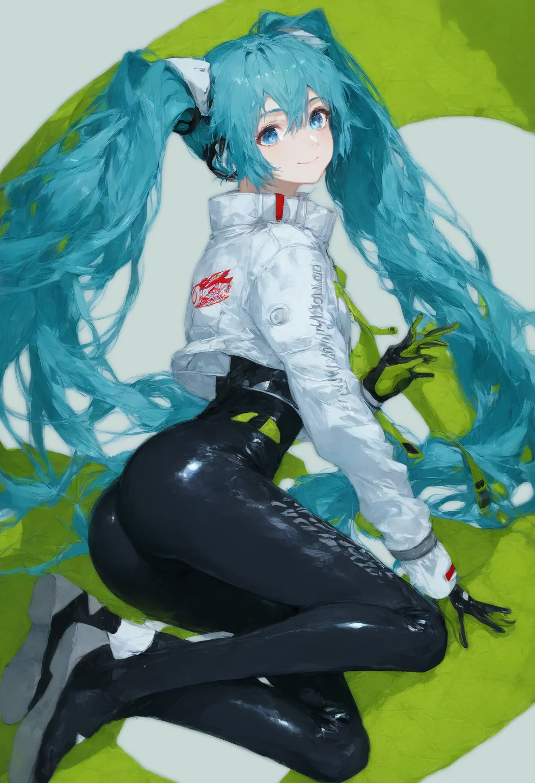score_9,score_8_up,score_7_up,,source_anime BREAK , full body, ,RHM22, hatsune miku, 1girl, racing miku, solo, green gloves, twintails, long hair, bodysuit, smile, looking at viewer, ass, blue eyes, black bodysuit , two-tone gloves, aqua hair, hair between eyes, closed mouth, jacket, long sleeves, white jacket,<lora:RayfullyFor Pony v0.2_epoch_20:1>,<lora:ã¬ã¼ã·ã³ã°ãã¯22:1>