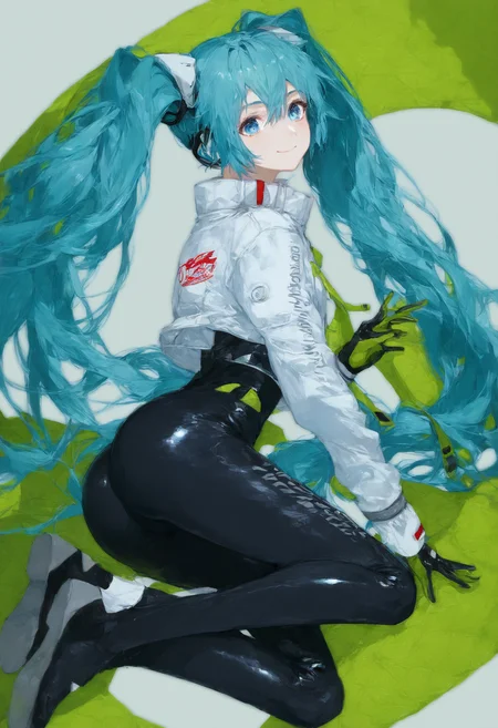 score_9,score_8_up,score_7_up,,source_anime BREAK , full body, ,RHM22, hatsune miku, 1girl, racing miku, solo, green gloves, twintails, long hair, bodysuit, smile, looking at viewer, ass, blue eyes, black bodysuit , two-tone gloves, aqua hair, hair between eyes, closed mouth, jacket, long sleeves, white jacket,<lora:RayfullyFor Pony v0.2_epoch_20:1>,<lora:ã¬ã¼ã·ã³ã°ãã¯22:1>