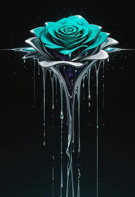 (masterpiece), best quality, abstract, abstract art, illustration, anime, teal and silver, black and silver, ((teal rose), simple background, dark background), melting, detailed, cosmic print, constellations, water, cinematic, light particles, sci-fi, space