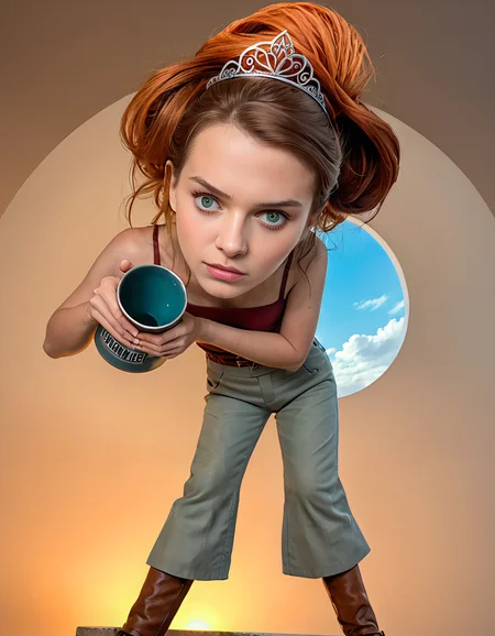score_9_up, score_9, score_8_up, score_7_up, rating_explicit, 1girl, studio digital illustration by Atey Ghailan, enchanted, surreal, POV shot of a short Empire DJ ([Jamie Lee Curtis|Eleven from Stranger Things]:1.3) , she is very Stone Age and Tedious, she is holding a Electric kettle, she is feeling very angry, Eleven is wearing her Intricate Flare pants, The Flare pants is Revealing and is detailed with bits of Polyester, her hair is Tremendous and styled as Short, Eleven has a 1920'S Gamer fluorescent green Belly Button Ring, Unreal Heart-Shaped Eyes and Tiara, Rounded reeds and water, Sun in the sky, tilt shift, Visual novel, Hopeless, Cyberpop, rim light, 35mm, Provia, Spirals, made of Jute, matte skin, realistic and detailed, trending on artstation, UHD, (sculpture art by Bruno Catalano:1.3) , (Duffy Sheridan:0.7), embedding:bad-hands-5, 1girl, 1girl, short hair, brown hair, blue eyes, lips, short ponytail, dress, short sleeves, hair bun, single hair bun, long hair, orange hair, green eyes, camisole, grey pants, bare shoulders, shoes