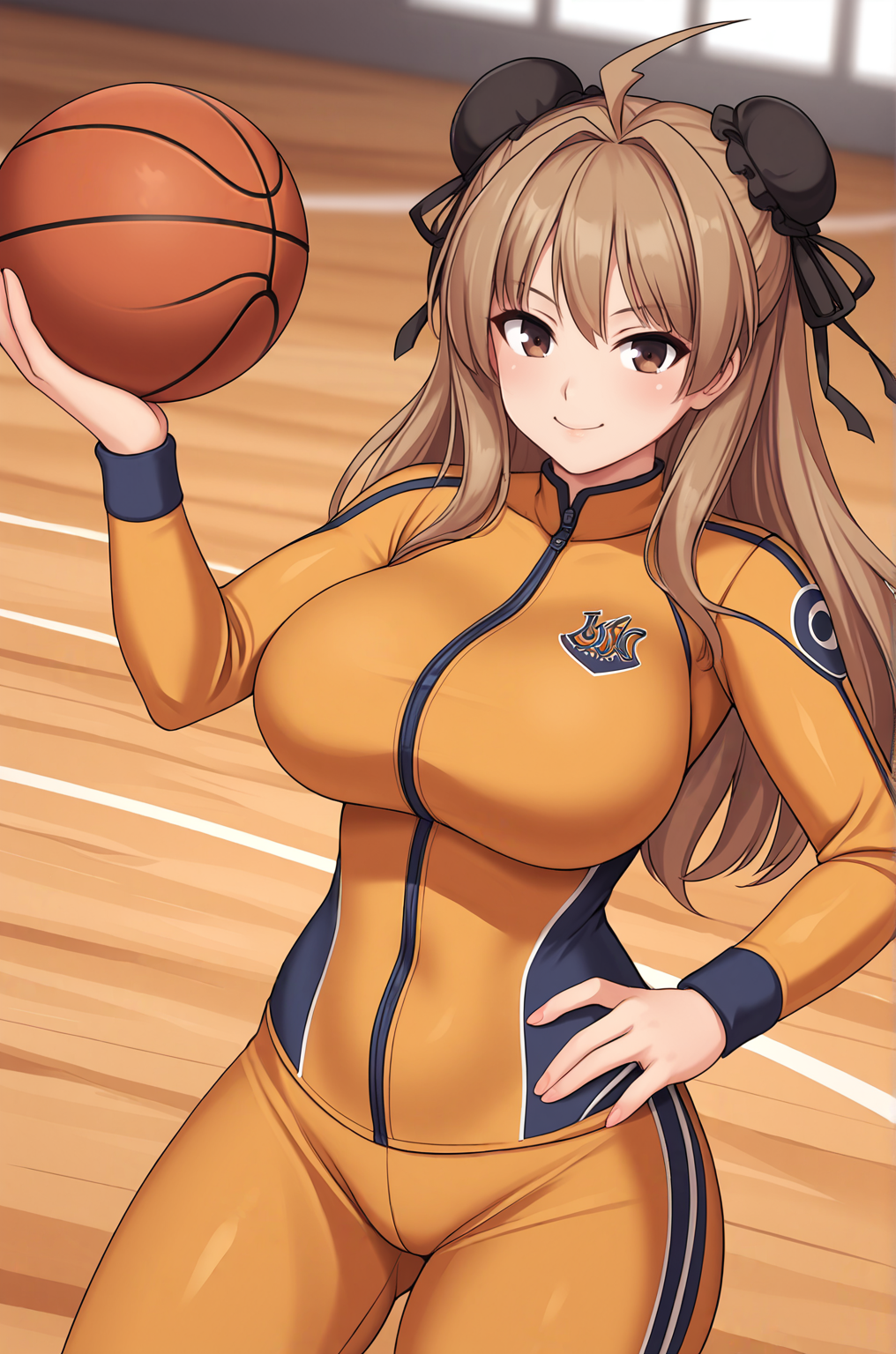 anime artwork, score_9, score_8_up, score_7_up, source_anime, BREAK, thick outline, fat outline,
Renka_XL, brown eyes, long brown hair, ahoge, double bun, bun cover, hair ribbon, large breasts, BREAK, tight tracksuit, gold tracksuit, BREAK, basketball court, holding a ball,
<lora:Renka_XL:0.7>
<lora:PersonalAmi_PonyXL:1>