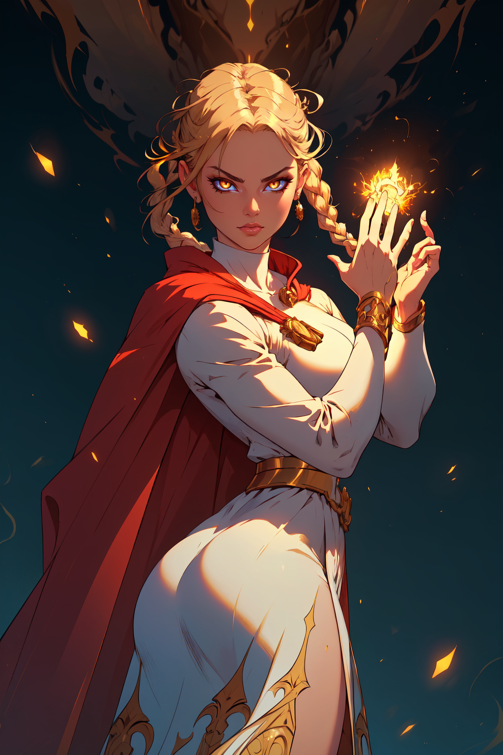 (masterpiece, best quality, absurdres, 4k, aesthetic, detailed, intricate, perfect lighting),dynamic pose,abstract background,cinematic angle,1girl,casting magic spell,serious,wind gust,hands raised,ovelia atkascha, twin braids, red cape, white dress,gold glow,gold energy,gold aura,beams <lora:ovelia-nvwls-v1:0.7>  <lora:r1ge - AnimeRage:0.4> r1ge