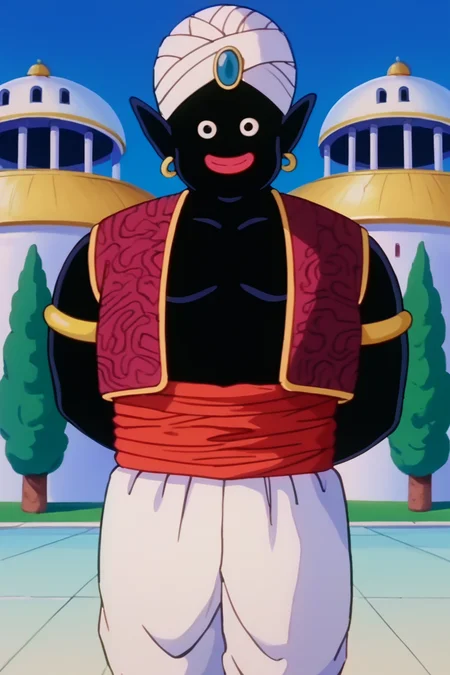 score_9, score_8_up, score_7_up, score_6_up, score_5_up, score_4_up BREAK source_anime,retro artstyle, mrpopo,1boy, solo, male focus,black skin, looking at viewer, bald, black eyes,pointy ears, cowboy shot, arabian clothes, brown naked vest, red sash, white pants, armlet, white turban, blue gemstone,earrings,smile,closed mouth,arms behind back,building, tree,blue sky,white tile floor <lora:Popony:1>