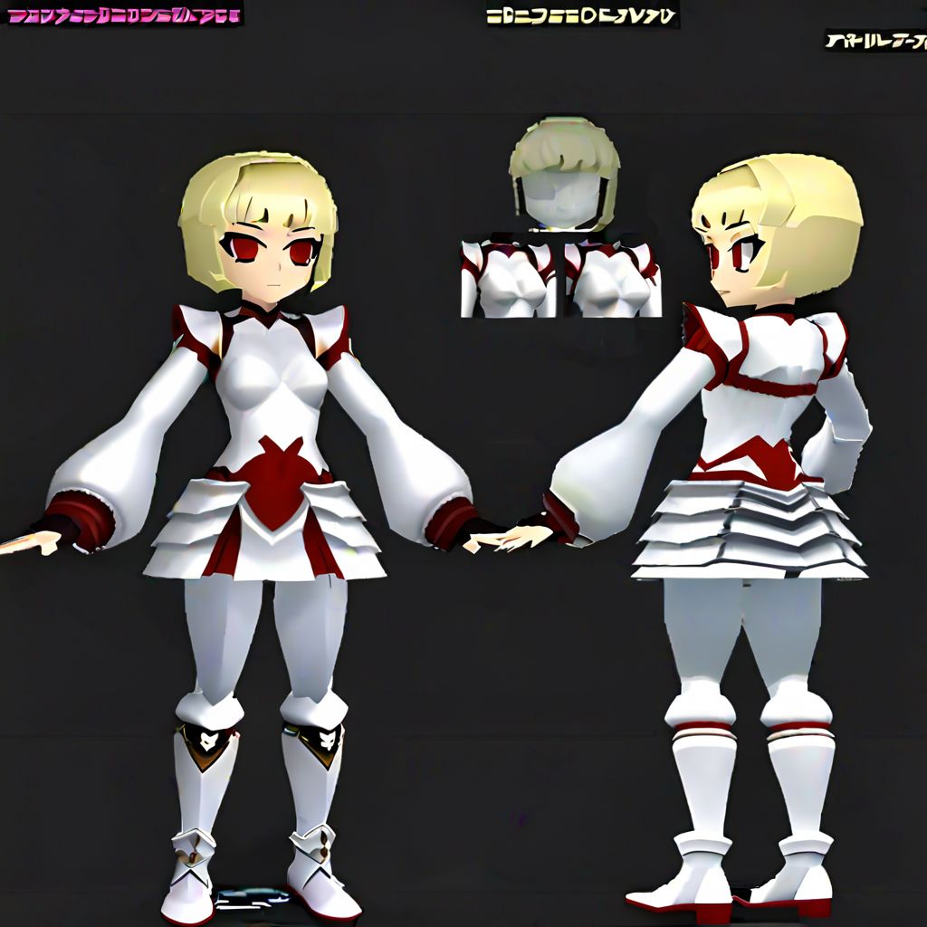 1girl, blonde short hair, red eyes, white armor shirt,  black short shirt, white short skirt,   white long boots, villainess, slim body, small breasts, ps1 style, 3d, model sheet, multiple views of the same character,model sheet,chatacter sheet, simple background