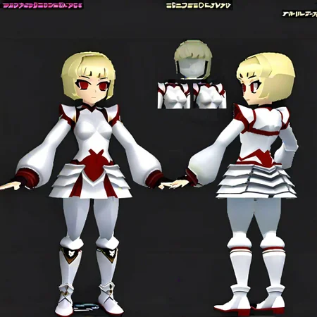 1girl, blonde short hair, red eyes, white armor shirt, black short shirt, white short skirt, white long boots, villainess, slim body, small breasts, ps1 style, 3d, model sheet, multiple views of the same character,model sheet,chatacter sheet, simple background