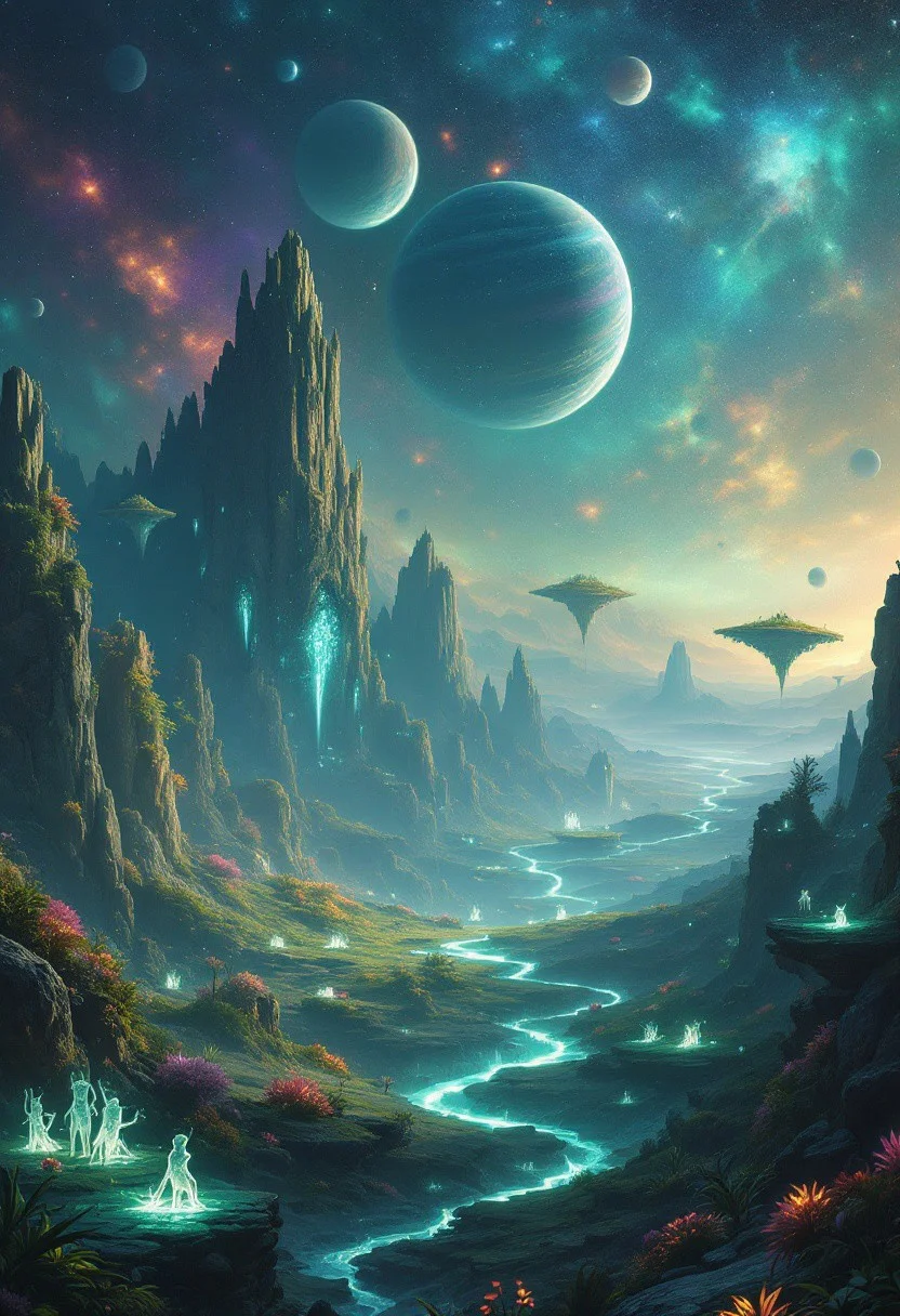 A breathtaking alien landscape, on a distant planet, featuring towering, bioluminescent flora and floating islands suspended in a vibrant
, nebula-filled sky. The terrain is a mix of crystalline formations and glowing, otherworldly plants. Rivers of liquid light flow through the valleys, casting an ethereal glow across the scene. Strange, luminescent creatures can be seen in the distance, blending seamlessly with the fantastical environment. The horizon is dotted with multiple moons and a giant, ringed planet, adding to the surreal beauty of this extraterrestrial world