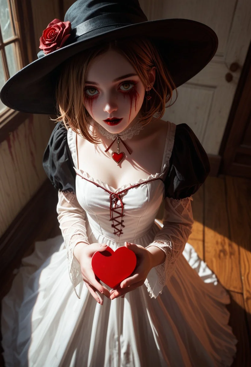 score_9, score_8_up, score_7_up, score_6_up, Expressiveh, 1girl, G0th1c M41d3n, young woman, white dress, red rose, medium breasts, holding heart_(organ), holding, outstretched arms, hat, horror, blood, dark, fantasy, dramatic lighting, standing, from above, incoming gift, heart_(organ),