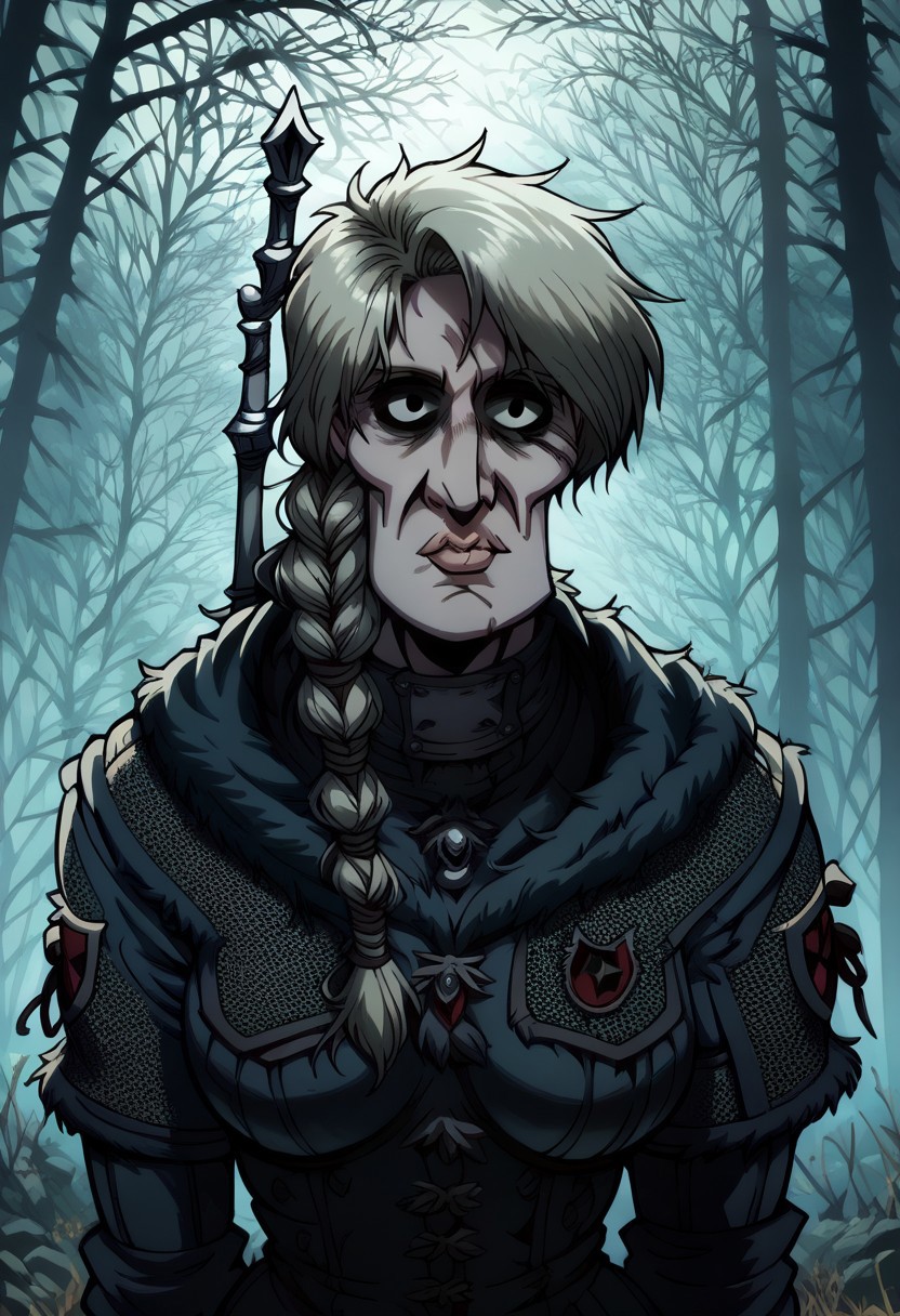 score_9, score_8_up, score_7_up,hellsing_ultimate_style,sparkles,outdoors,forest,handsomize,cw4,armor,solo,neutral expression,shaded face