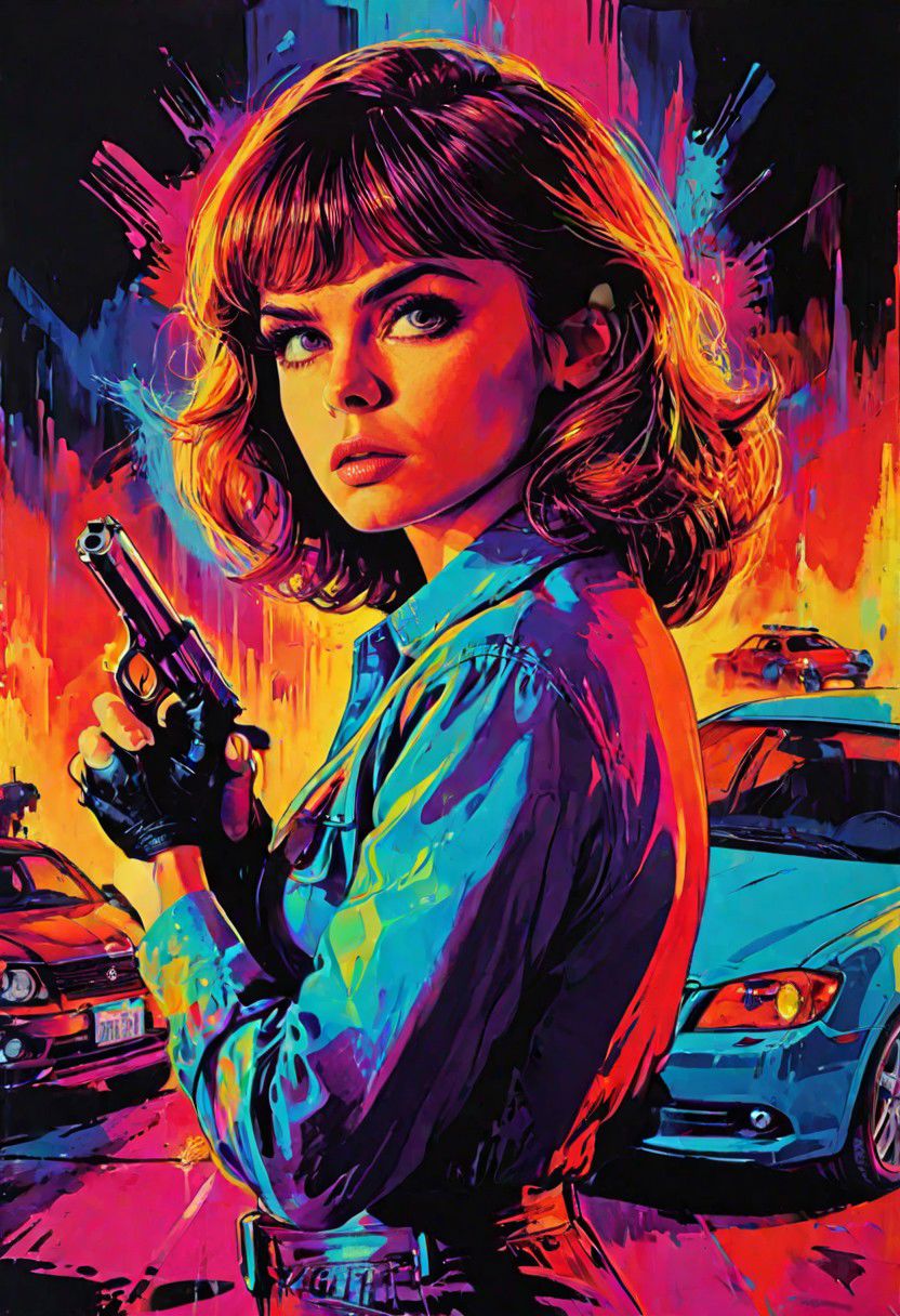 Movie Poster page for The Danger, impactful color paint of a bangs haired woman holding a pistol, cars in the background, highly detailed, vibrant colors, 8k, sharp, professional, clear, high contrast, high saturated, vivid deep blacks, crystal clear, movie poster, sharp edges