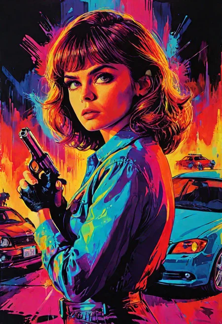 Movie Poster page for The Danger, impactful color paint of a bangs haired woman holding a pistol, cars in the background, highly detailed, vibrant colors, 8k, sharp, professional, clear, high contrast, high saturated, vivid deep blacks, crystal clear, movie poster, sharp edges