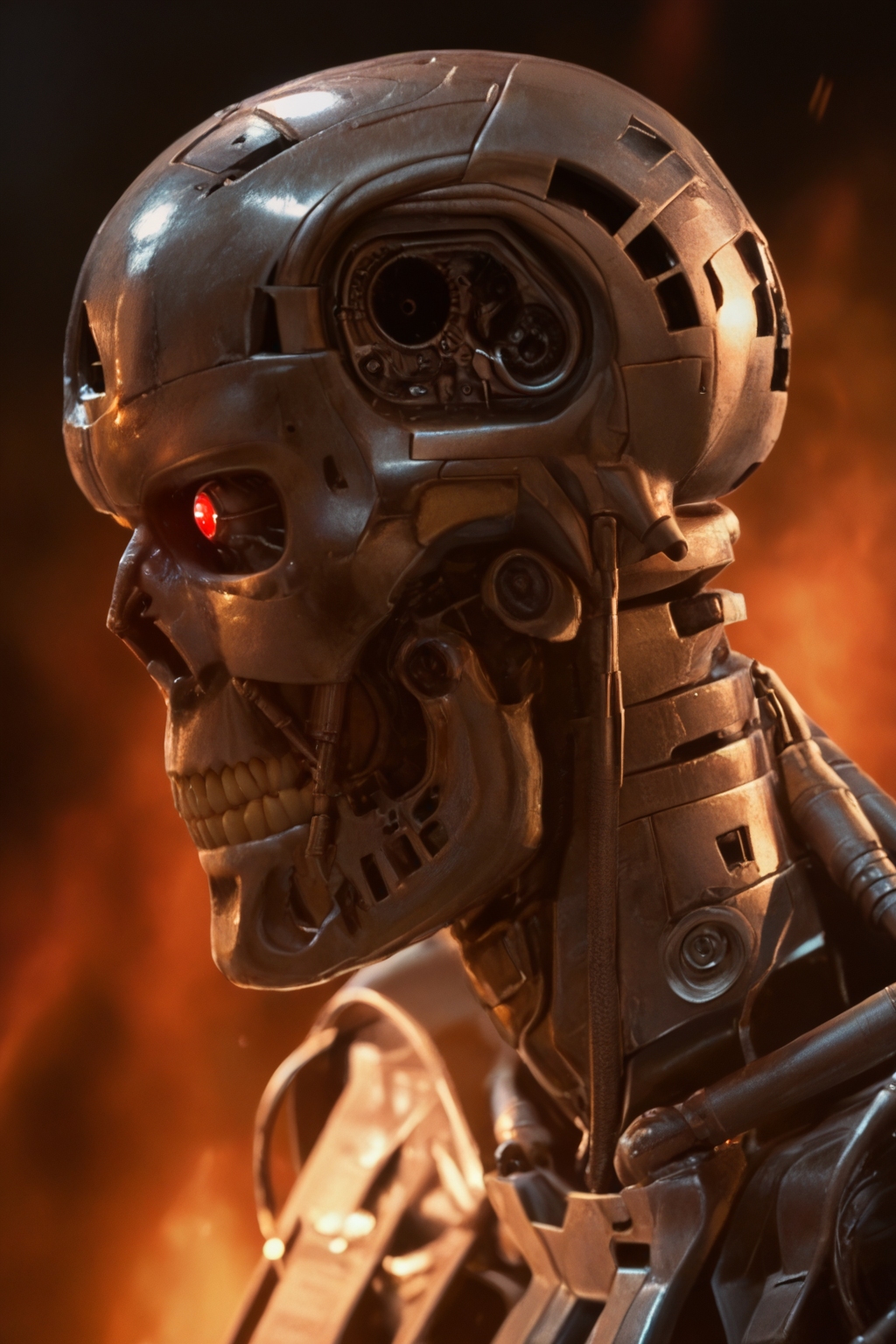 T800_Endo, Terminator robot, score_9, score_8_up, score_7_up, (source_IRL, source_movie), cinematic, realistic, masterpiece, high quality, highres RAW photo, ((close-up shot, close-up head shot, side profile view, from the side))
((an UpgradedT800_Endo Terminator Robot)) with red eyes, he is made of metal, he is made of shiny chrome metal, new, clean, <lora:T800_Endo_Terminator_Pony_v1-000019:1>
(standing in flames)
black background, in flames, fire, flames and fire everywhere, there is so much fire
dynamic lighting, highly detailed, intricate details