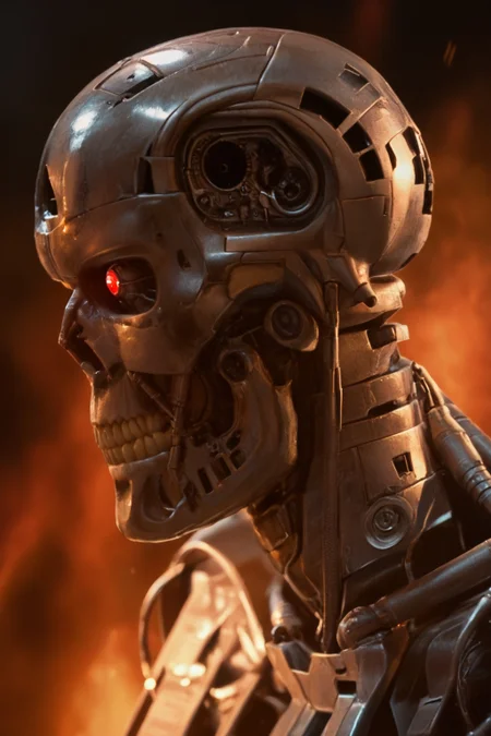 T800_Endo, Terminator robot, score_9, score_8_up, score_7_up, (source_IRL, source_movie), cinematic, realistic, masterpiece, high quality, highres RAW photo, ((close-up shot, close-up head shot, side profile view, from the side))
((an UpgradedT800_Endo Terminator Robot)) with red eyes, he is made of metal, he is made of shiny chrome metal, new, clean, <lora:T800_Endo_Terminator_Pony_v1-000019:1>
(standing in flames)
black background, in flames, fire, flames and fire everywhere, there is so much fire
dynamic lighting, highly detailed, intricate details