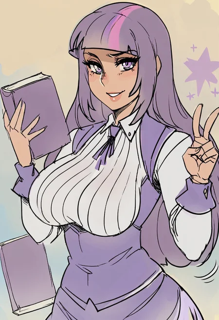 1girl, breasts, solo, purple hair, long hair, purple eyes, book, large breasts, skirt, twilight sparkle v maniacpaint