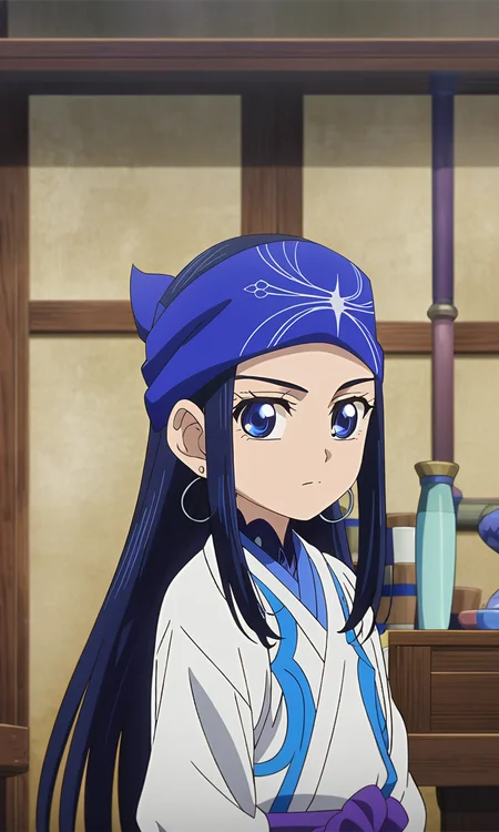 anime artwork Asirpa, blue hair, blue eyes, long hair,blue bandana, ear piercing,petite,flat chested,masterpiece,best quality,8k highres,detailed . anime style, key visual, vibrant, studio anime, highly detailed