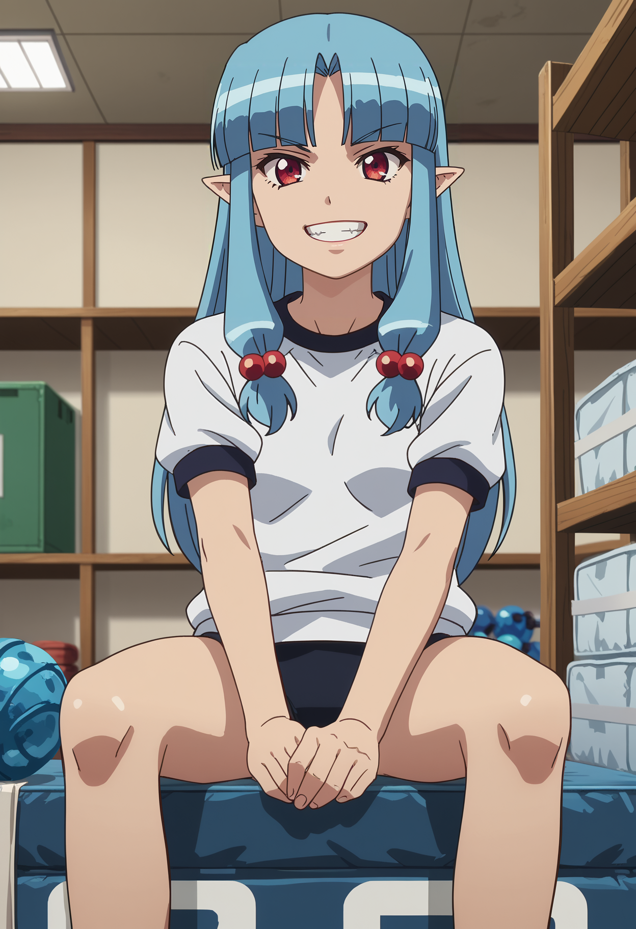 score_7_up, anime screencap,
<lora:Tsugumomo_KirihaXL:0.9>,
1girl, solo, grin, teeth,
long hair, blue hair, red eyes, parted bangs, blunt bangs, pointy ears, hair beads,
KirihaGym, gym shirt, short sleeves, black buruma,
butterfly sitting, looking at viewer,
blurry background, gym storeroom, indoors